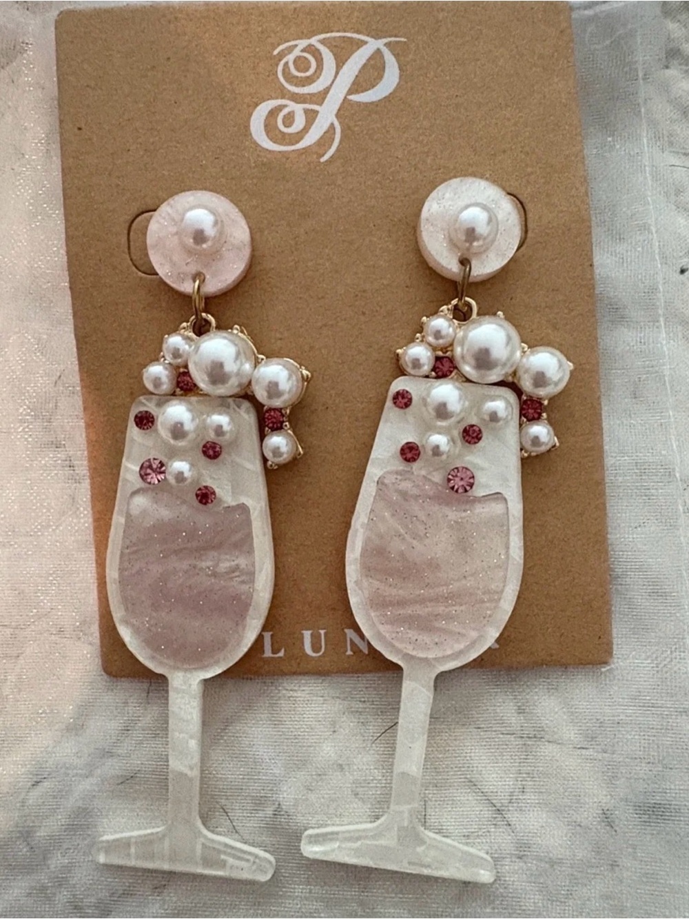 Plunder Champagne Glass Statement Earrings in Pink and Pearl - Picture 3 of 4